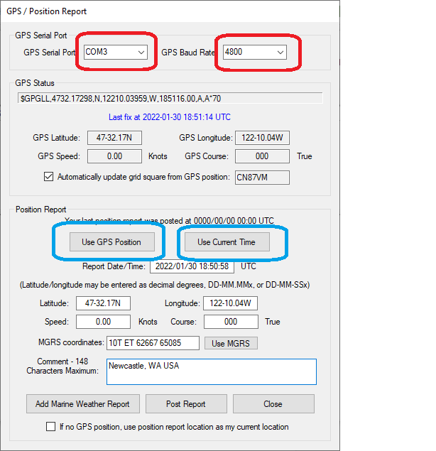 GPS Position Report dialog box in Winlink Express, with GPS-supplied data entered in the lower part of the box